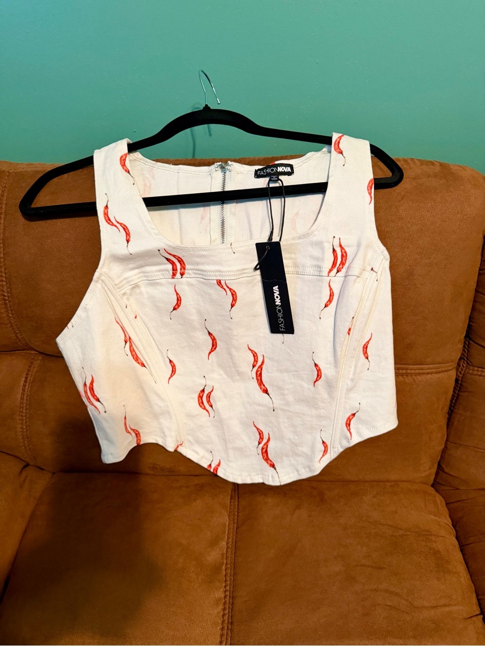 Fashion Nova White Crop Tank with Red Chili Motif
